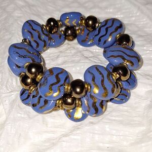 Art Glass Memory Wire Wrap Bracelet Chunky Blue Ceramic And Metal Elegant